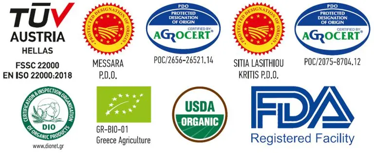 Τα σήματα πιστοποίησης της CRITIDA: TÜV, ΠΟΠ, AGROCERT, βιολογικό ΕΕ, USDA Organic και FDA
