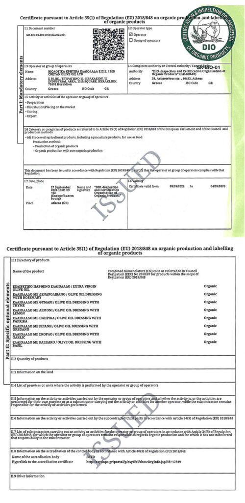 Πιστοποιητικό βιολογικών προϊόντων ΔΗΩ, 2024