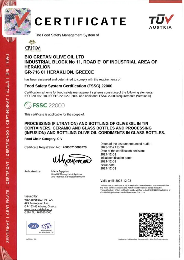 Πιστοποιητικό ISO 22000 / FSSC 22000 της TÜV Austria, 2024